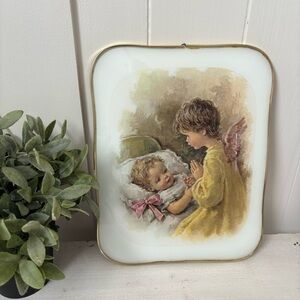 Vintage Guardian Angel And Baby Picture Rectangle Gold Bevel Frame Roman Italy